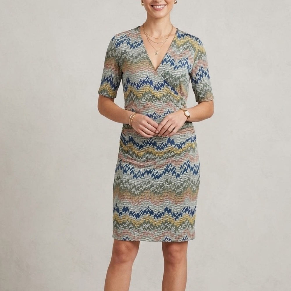 Jennifer Lopez Multicolor Chevron Print Dress Size L Faux Wrap Stretch Career